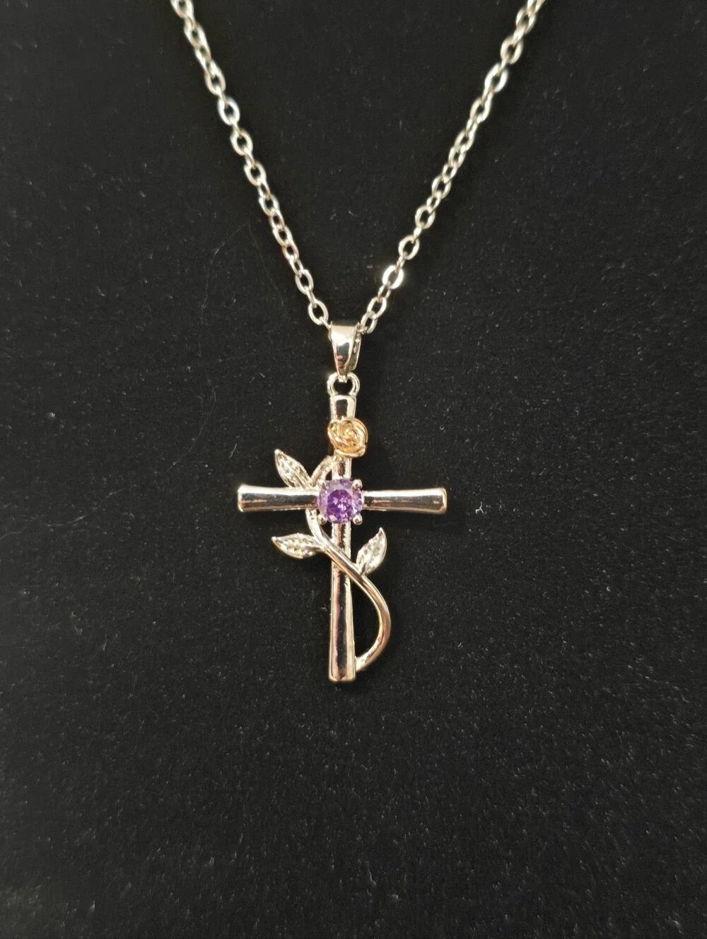 Purple Crystal Rose Cross Necklace Pendant Two-Tone Religious Women Jewelry Gift